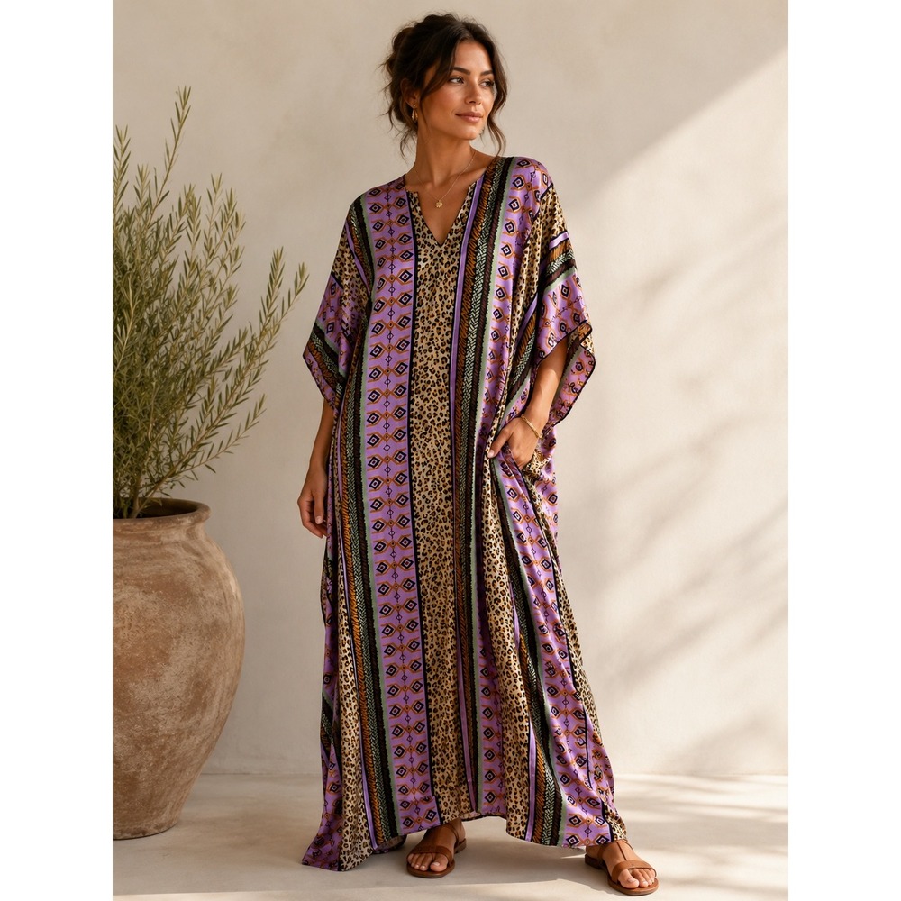 Winlar Caftan Maxi Dress Purple Leopard Animal Print Geometric One Size Lounger